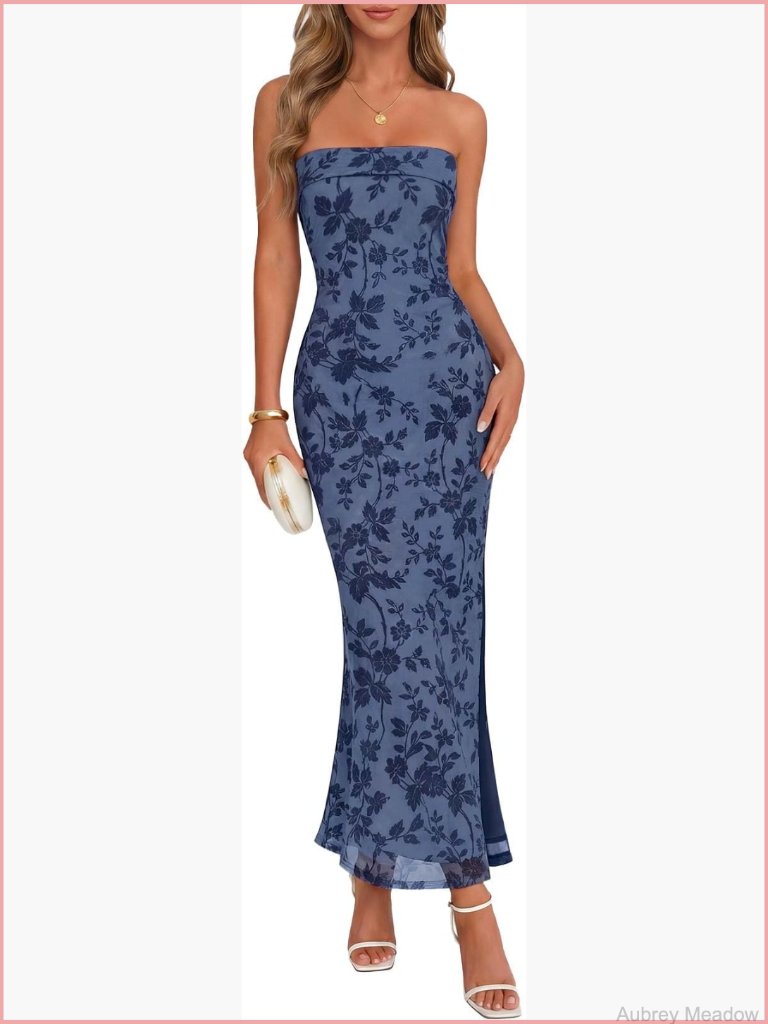 Strapless Bodycon Floral Mesh Maxi Dress Wedding Guest Cocktail Party